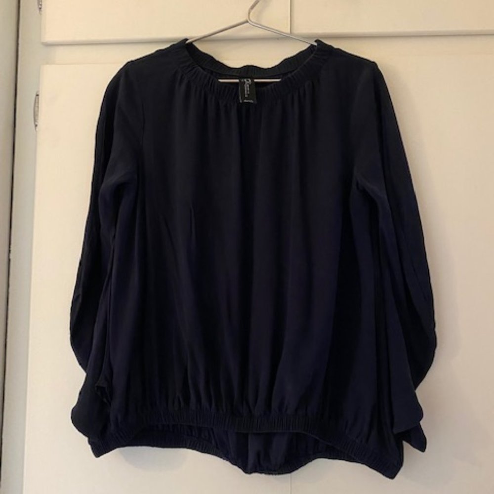 Zero + Maria Cornejo silk top navy blue balloon shape, shaped sleeves NYC
